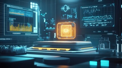 Fototapeta premium Central glowing processor is displayed on a platform within a futuristic laboratory.