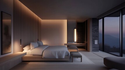 Modern and luxurious bedroom with a large window that offers a stunning view of the mountains.