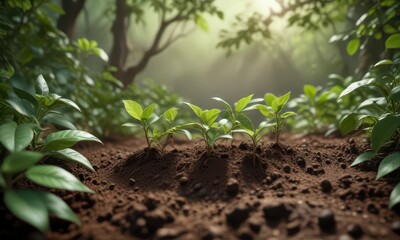 A group of coffee bean seedlings emerging from the soil amidst a blanket of green leaves and branches,  forest floor,  foliage