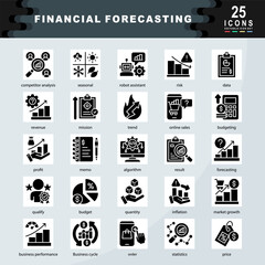 Financial Forecasting icon set containing competitor analysis, seasonal, robot assistant, risk, data, revenue, mission, trend, online sales, budgeting icon. Simple glyph vector
