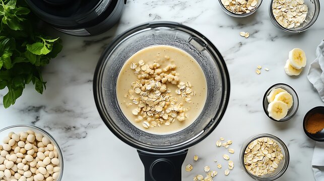 A step-by-step process of making a homemade soy milk smoothie with bananas, oats, and a blender on the countertop