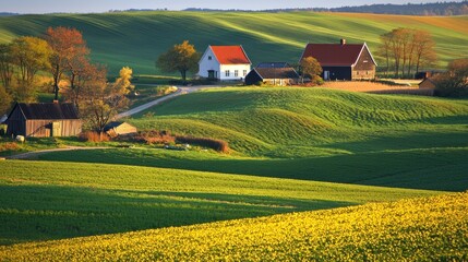 Rural farmstead sunset, rolling hills, farmland, spring