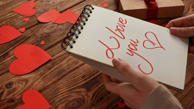 Close up of wooden table with red paper hearts scattered on the surface, woman kissing notebook page with text I love you, leaving red lipstick print.