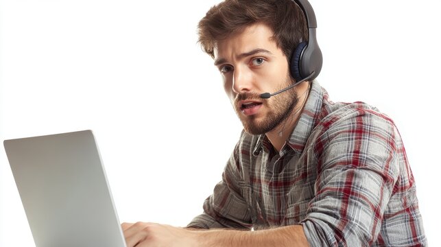 Man Using Laptop with Headset - Powered by Adobe