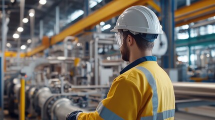 Industrial Worker Observing a Complex Manufacturing Process in a Large-Scale Plant