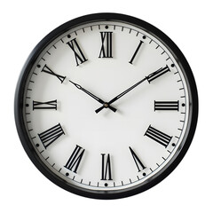 Classic black frame wall clock with roman numerals and white face isolated on a transparent background