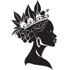 Elegant black woman with a crown of leaves and fruits in a silhouette form.
