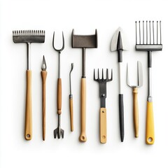 Fototapeta premium A set of miniature gardening tools on a gray background. Plant care utensils: shovel, spade, rake. Small garden tool for home and garden plants. Spring time. Copy space. Artificial noise