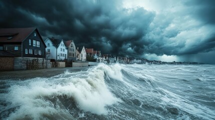 A coastal town under siege by a powerful storm, with dark clouds, high winds, and waves crashing against the shore, highlighting the vulnerability of communities during severe weather events