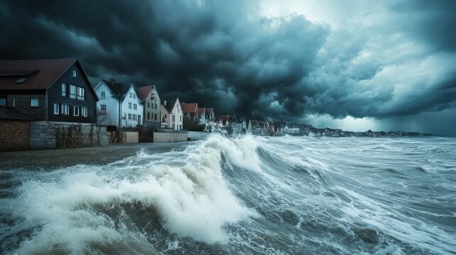 A coastal town under siege by a powerful storm, with dark clouds, high winds, and waves crashing against the shore, highlighting the vulnerability of communities during severe weather events