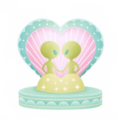 Valentine alien. Cute alien couple inside a heart-shaped sculpture on a colorful base.