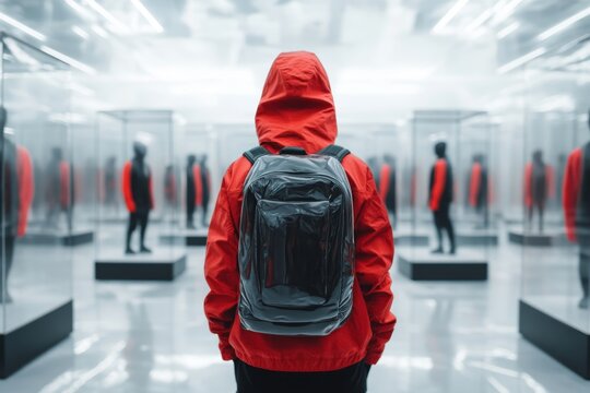 A person standing in a brightly lit room, surrounded by reflective surfaces, their expression showing paranoia as they see their reflection everywhere