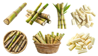 Sugarcane vegetable plant grass stem stalk crop, many angle view side top front, basket slice bundle, fibre peel extract isolated on transparent cutout PNG. Mockup template for artwork graphic design