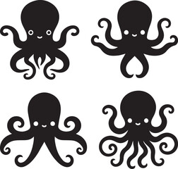 Silhouette vector illustration of a flat octopus art.  octopus set in black color with a white background