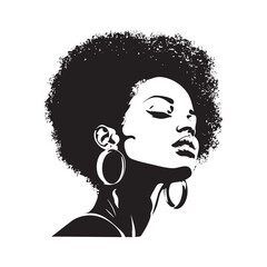 Elegant African American woman with an impressive afro and statement earrings.