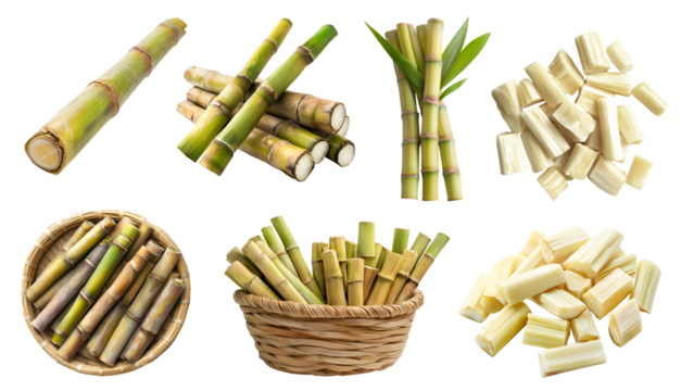 Sugarcane vegetable plant grass stem stalk crop, many angle view side top front, basket slice bundle, fibre peel extract isolated on transparent cutout PNG. Mockup template for artwork graphic design