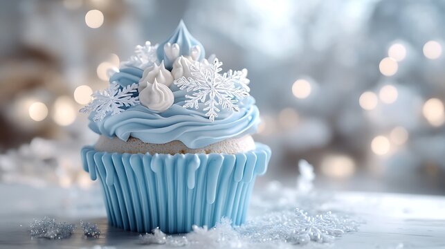 A cupcake designed as a winter wonderland with frosting icicles and edible snowflakes