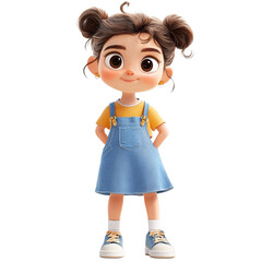 A cute cartoon character in a denim pinafore dress, paired with a t-shirt and sneakers, standing on a white background