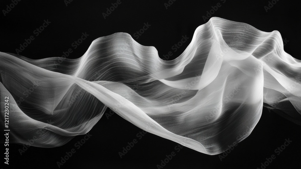 Poster black and white photograph of a wave-like structure. the wave appears to be made up of thin, wavy li