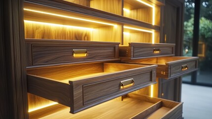A softly lit bespoke wooden cabinet with open drawers.