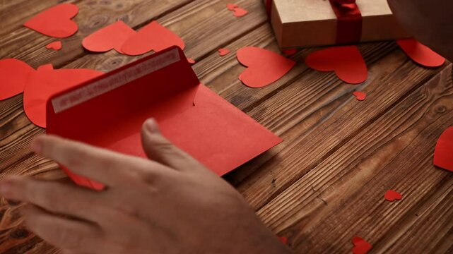 Close up of wooden table scattered red paper hearts on the surface, man opens envelope takes out paper card with I love you text and lipstick mark on it.