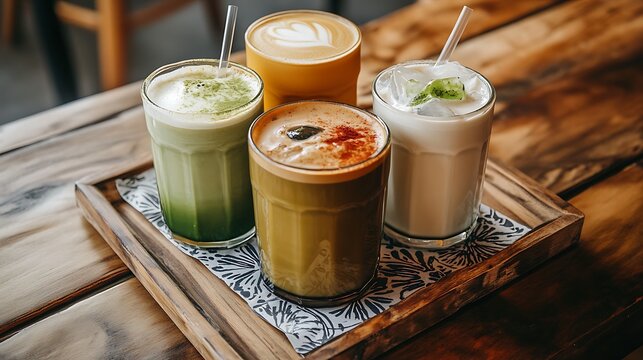 A selection of different soy milk-based drinks, including a chai latte and iced matcha, arranged on a wooden tray with decorative napkins