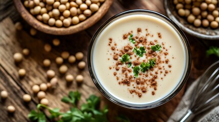 A glass of creamy soy milk topped with a sprinkle of cinnamon and placed on a wooden table with ingredients like soybeans and a whisk nearby