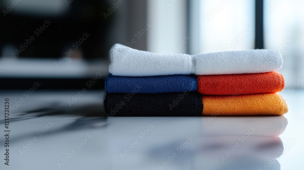 Poster stack of folded towels on a white surface. the towels are neatly folded and stacked on top of each o