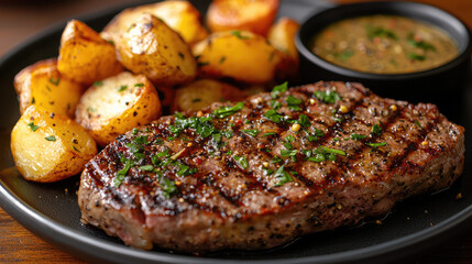 A gourmet steak au poivre plated with green peppercorn sauce and roasted potatoes 
