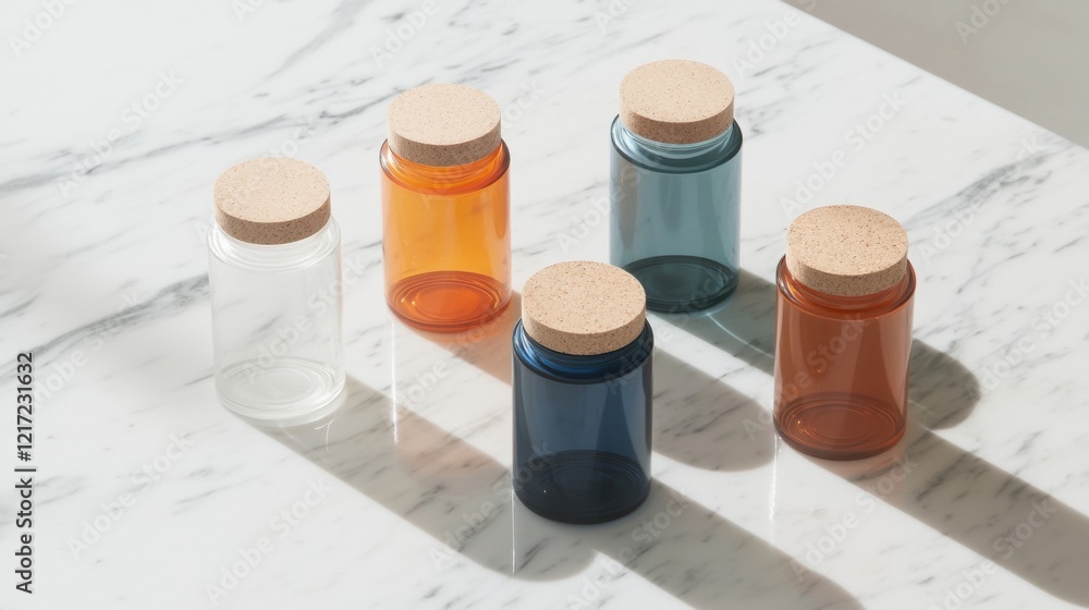 Poster four small glass jars with cork lids on a white marble surface. the jars are arranged in a row, with