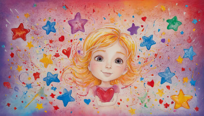 Fototapeta premium Colorful child’s sketch with hearts and stars on a table