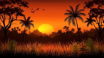 Tropical Sunset Silhouette With Palm Trees And Birds