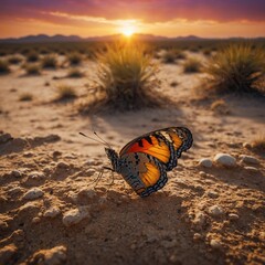 Obraz premium A butterfly in a desert landscape with vivid sunset colors.
