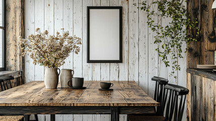 Rustic Farmhouse Interior Mockup:  A charming and inviting rustic farmhouse dining area with a rustic wooden table, black chairs, a vase of dried flowers, a cup of coffee, and a framed mockup.
