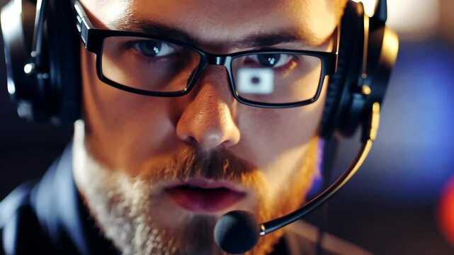 Intense concentration of a gamer during an online competition in a dimly lit gaming space