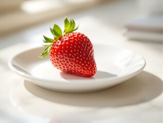 a ripe, red strawberry with green leaves on a white plate, placed on a table.