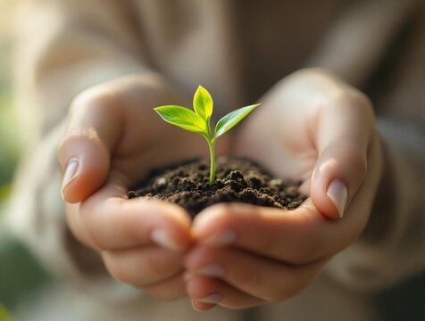 a hand is holding a small plant with soil in the palm. The plant is green with several leaves.