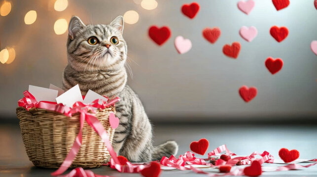 Cute cat behide the basket of card looking to the floating hearts