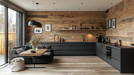 Modern Industrial Kitchen Interior Design:  A sleek and contemporary kitchen design featuring a rustic wooden accent wall, sleek black cabinetry, and a cozy seating area.
