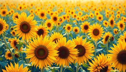 Fototapeta premium A field of sunflowers. Oil painting texture, Colored gel lighting, with white tones