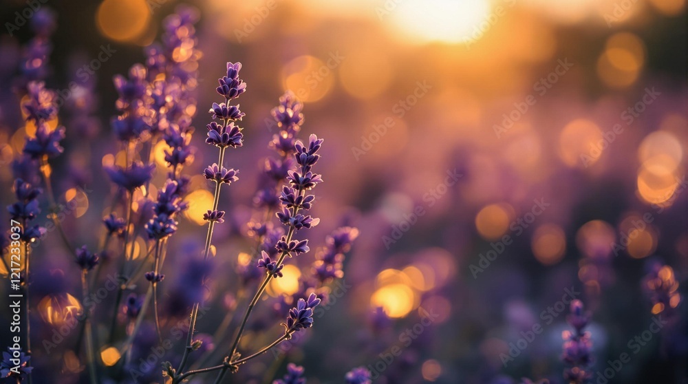 Poster a field of lavender flowers during sunset, with a warm glow and bokeh effect in the background.