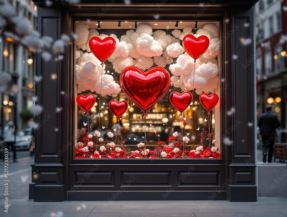 Aufkleber a beautifully decorated shop window featuring an array of red heart-shaped balloons and white fluffy