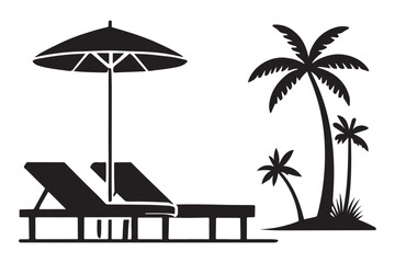 Relaxing Beach Scene Silhouette Illustration with Palm Trees and Lounge Chairs
