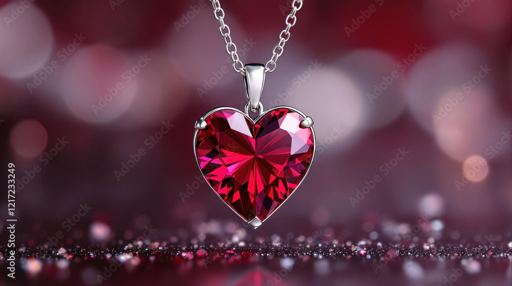 Poster a stunning heart-shaped ruby pendant on a delicate silver chain, creating an elegant and romantic pi