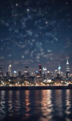 Fototapeta premium Circular bokeh of city lights against a deep blue sky, abstract, blue background, blurred