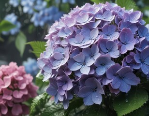 Close-up of hydrangea and garden flowers in water droplets ,  dewy flowers,  botanical detail,  flower close-up