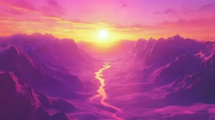 Selbstklebende Fototapeten A digital rendering of a serene mountain landscape at sunset. © Roma