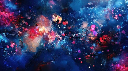 Fototapeta premium Abstract vibrant cosmic nebula with colorful paint splatters and glitter.