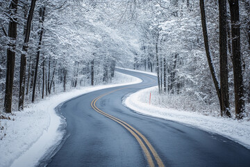 Snow-covered winding road through a serene winter forest in early morning light