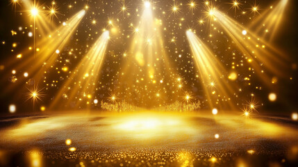Glamorous Stage with Golden Spotlights, Symmetrical Design, Glittering Texture, and Starry Effects on Warm Brown Background. Festive Ambiance Evoking Awards Ceremony or Performance